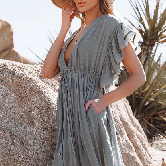 Heather Grey Boho Gauze Button Front Flutter Sheer Maxi Dress W/Adjustable Waist - Picture 4 of 9
